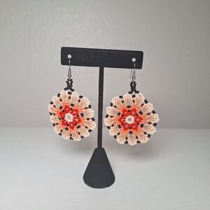 Artisan Beaded Earrings - Black, Red, Cream